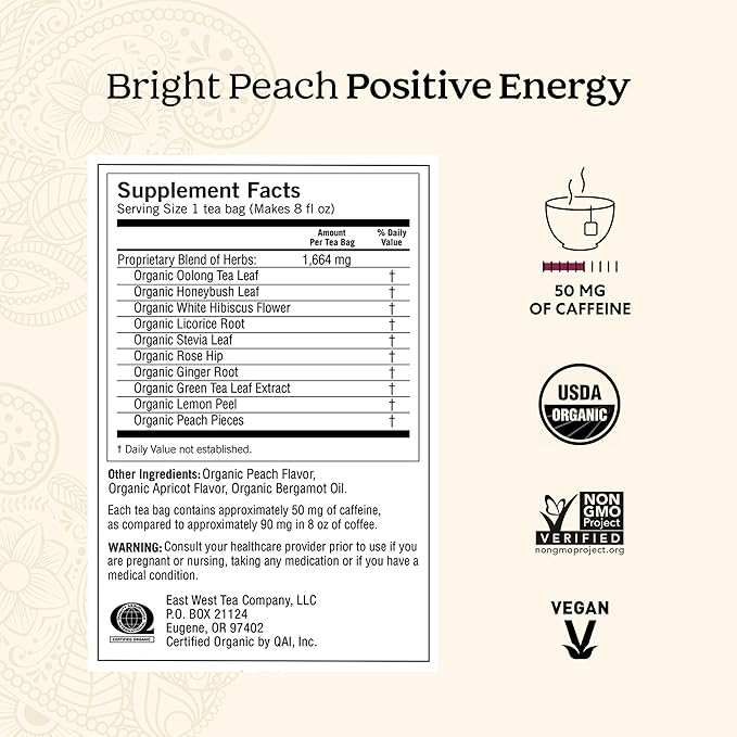Yogi Tea Bright Peach Positive Energy Tea - 16 Tea Bags per Pack (6 Packs) - Organic Tea to Support Focus & Energy - Includes Oolong Tea Leaf, White Hibiscus Flower, Rose Hips & More