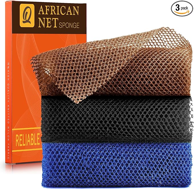 3 Pieces African Bath Sponge African Net Long Net Bath Sponge Exfoliating Shower Body Scrubber Back Scrubber Skin Smoother,Great for Daily Use (Black、Blue、Brown)