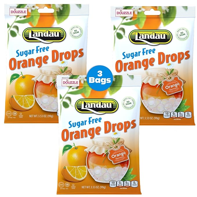DOUzzle Sugar Free Orange Hard Candy Drops, Dye Free (3 Pack) Individually Wrapped - Healthy Low Calorie Snack, Gluten Free, All Natural, No Preservatives, No Aftertaste - Kosher Parve