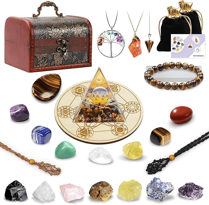 28 Pcs Healing Crystals and Stones,Chakra Crystal Set,7 Raw Chakra Crystals Stones Kit Pyramid Natural Selenite Reiki Real Crystal Stones with Wooden Box,Gifts for Crystal Beginners