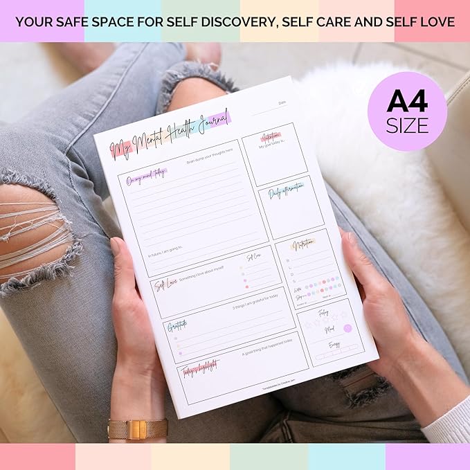 Mental Health Journal Planner | Daily Gratitude, Self Care, Intentions, Affirmations and Nutrition (Colorful, A4)