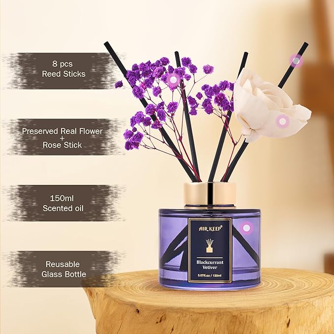 Airkeep Flower Reed Diffusers Set, 5.07 oz Blackcurrant Vetiver Scented Oil Diffuser with 8 Reed Sticks, Home Fragrance Diffuser Gift Set for Bathroom & Office Decor 150ml