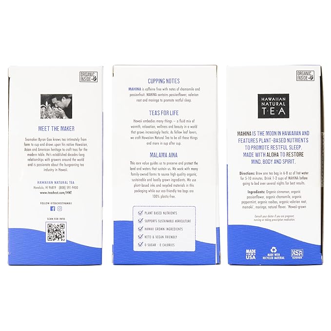 Hawaiian Natural Tea - Mahina Chamomile Tea, All-Natural Herbal Caffeine-Free Tea, Vegan and Keto-Friendly, 20 Tea Bags