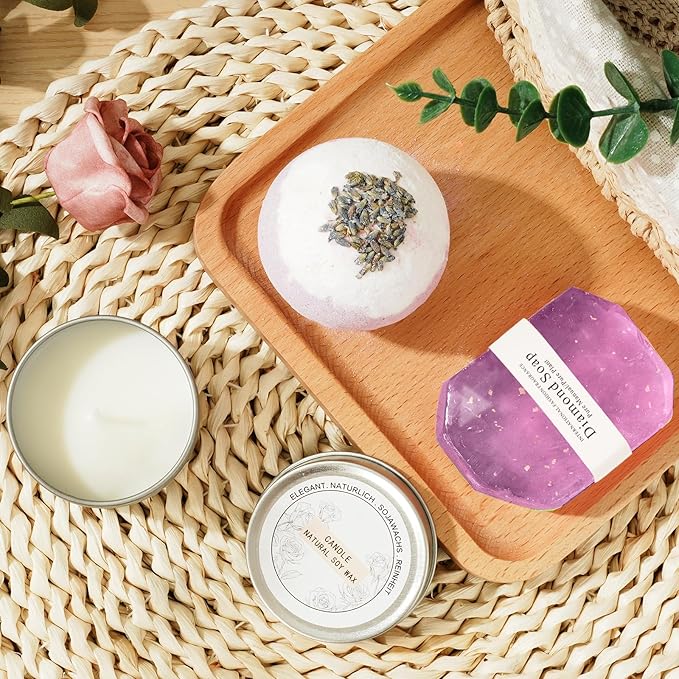 Self Care Gift Basket for Women, Luxury Spa Gift Basket with Blanket, Vanilla Coconut Self Care Set, Friendship Birthday Box for Mom, Sister, Wife, Best Friend, Coworker(Purple)