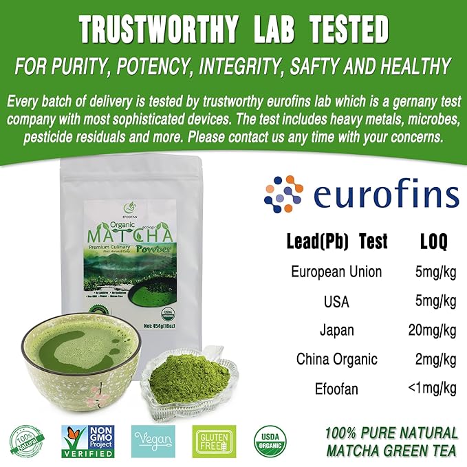 EFOOFAN USDA Organic Matcha Green Tea Powder - Premium Culinary Grade (1lb/16oz) - Rich Tencha Flavor, Antioxidant Polyphenols, Non-GMO, Gluten Free, Naturally Caffeined, Additives Free