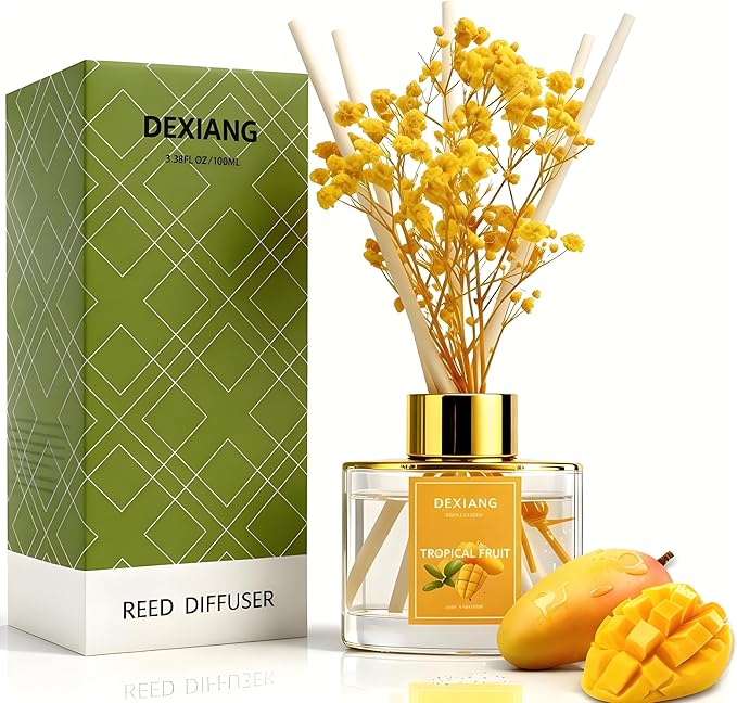 Reed Diffuser Set - 3.38 fl oz (100ml) Tropical Fruit Home Fragrance Reed Diffuser for Bathroom Shelf Decor 6 Reed Stick