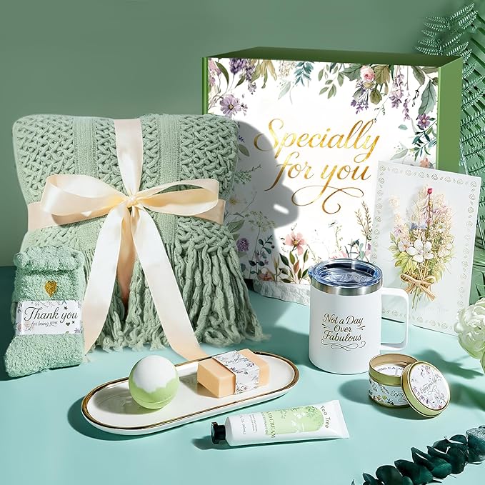 Birthday Gifts for Women Spa Gift Basket with Luxurious Blanket, Mom Christmas Gifts for Women Her Wife Grandma Sister Friends, Self Care Package Get Well Soon Sympathy Gift Baskets