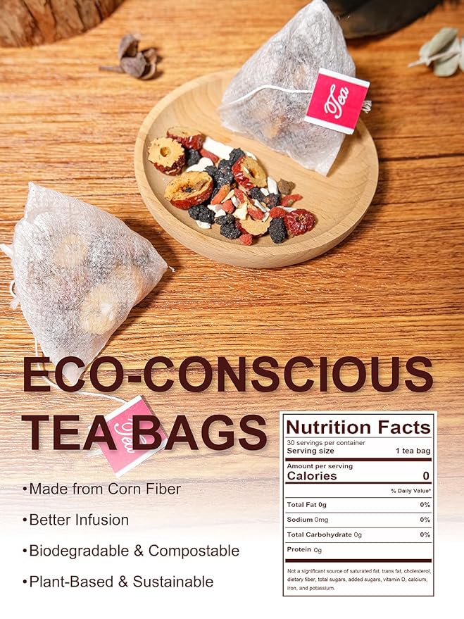 TeeLux Ginseng Six Treasures Tea, Traditional Chinese Herbal Tea Blend with Ginseng, Mulberry, Goji Berry, Yam, 30 Biodegradable Pyramid Bags, Caffeine-Free