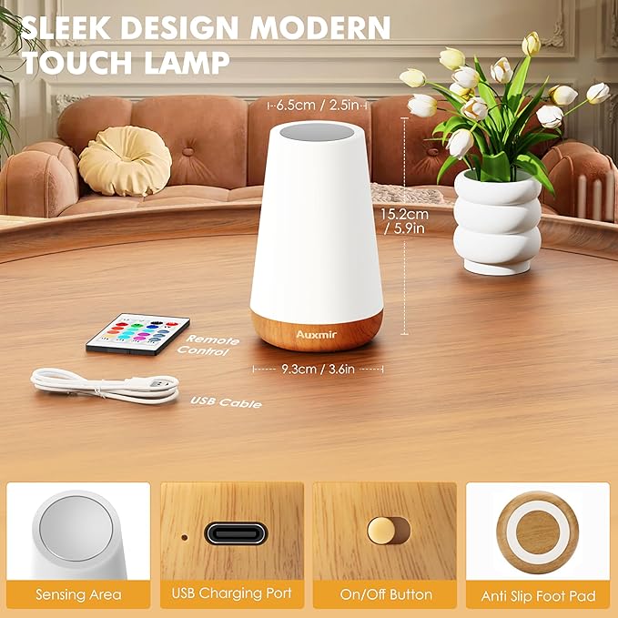 Auxmir LED Night Light Bedside Lamp Touch and Remote Control Dimmable Tabletop 13 RGB Colors Changing 5 Brightness Adjustable Rechargeable Portable Lamp for Baby Kids Nursery Bedroom Bathroom Camping