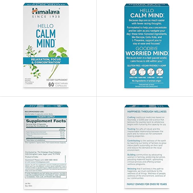 Himalaya Hello Calm Mind Herbal Supplement, with Bacopa, L-Theanine, Gotu Kola, Supports Concentration & Focus, Cognitive Function, Clear Thinking, Relaxation, Vegan, Gluten Free, 60 Capsules