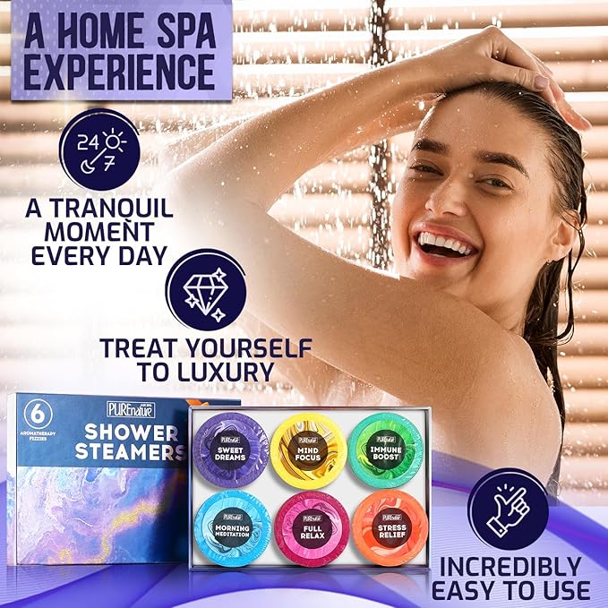 Aromatherapy Shower Steamers Set - Six Uplifting Relaxing Scents for Stress Relief - Perfect Self Care, Spa Experience for Women and Men - Ideal for Christmas Stocking Stuffers and Relaxation Gifts