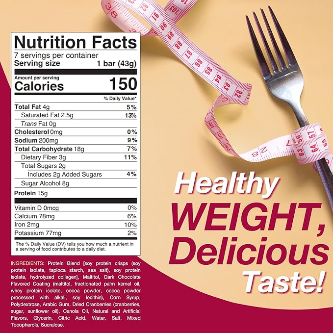 ProtiDIET Dark Chocolate and Raspberry High Protein Bars - Gluten-free, Low Fat and Fiber Enriched Snacks, Protein Bars with Collagen to Aid Overall Health - 7 Square Bars Per Box