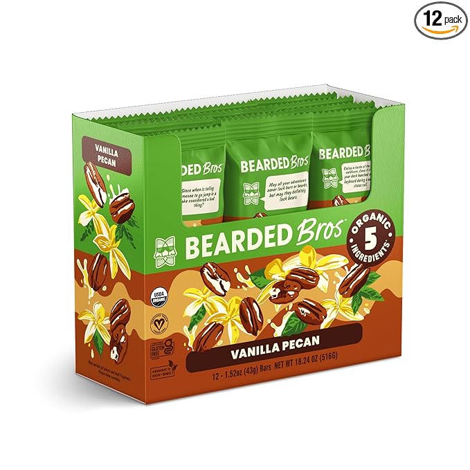 Bearded Brothers Organic Vegan Protein Energy Bars - Gluten Free, Paleo, Fiber, Whole 30 | Non GMO, Soy Free, Low Snacks | 12 Pack Vanilla Pecan