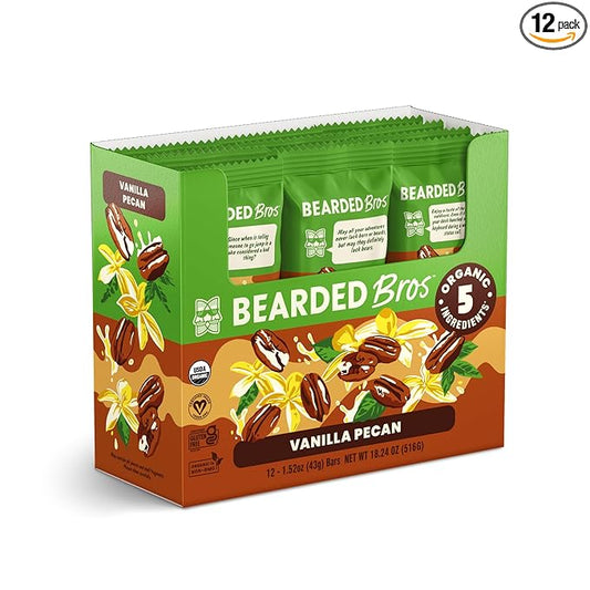 Bearded Brothers Organic Vegan Protein Energy Bars - Gluten Free, Paleo, Fiber, Whole 30 | Non GMO, Soy Free, Low Snacks | 12 Pack Vanilla Pecan