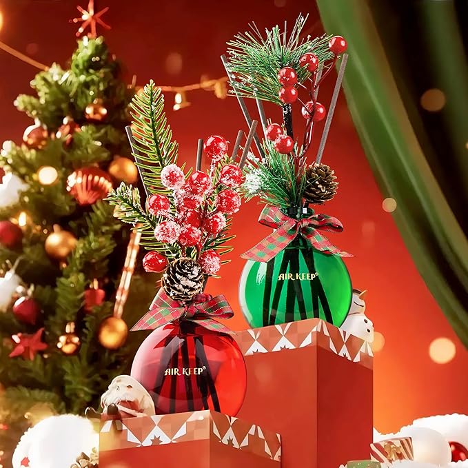 Airkeep Flower Reed Diffusers Set, 5.07 oz Christmas Balsam & Cedar Scented Diffuser with 8 Sticks, Long Lasting Home Fragrance for Long Days, Perfect for Bathroom, Shelf Decor, Air Fresheners