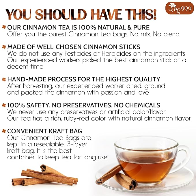 TOG999, Premium 200 Tea Bags - Special Cinnamon Tea, 100% Natural & Pure, Herbal Tea. Cinnamon Stick Herbal Spice