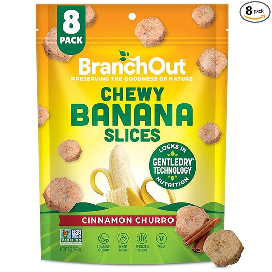 BranchOut Cinnamon Churro Banana Slices, Chewy & Full of Flavor, GentleDry, Better than Freeze Dried Banana Chips, Delicious Vegan Halloween Fruit Snacks for Kids & Adults, 2 oz Snack Size (Pack of 8)