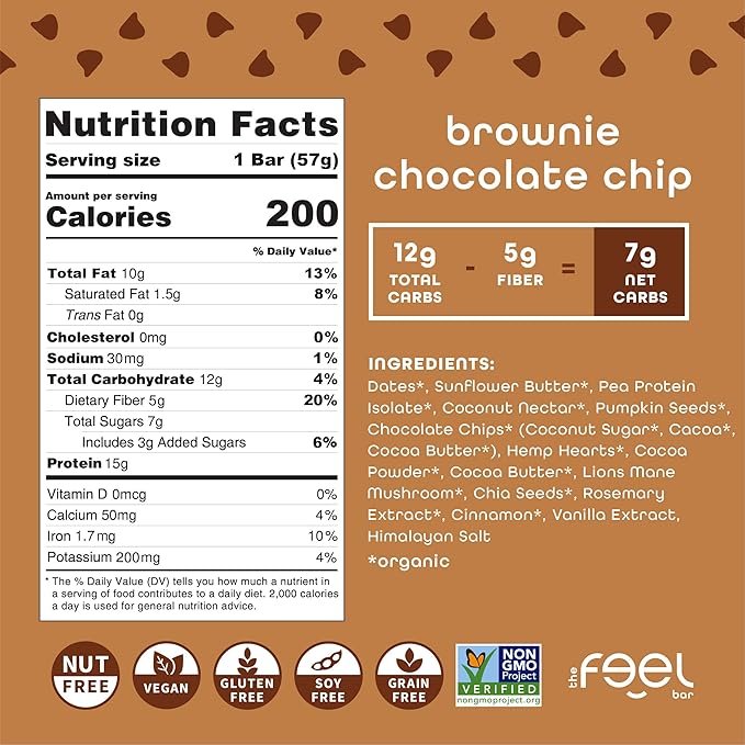 Feel Vegan Protein Bars | Brownie Chocolate Chip | Keto | Gluten Free | Organic | Lion’s Mane | 15g Plant Protein | Low Carb | High Protein | Dairy Free | Low Sugar | Nut, Grain, Soy Free | 10 Pack