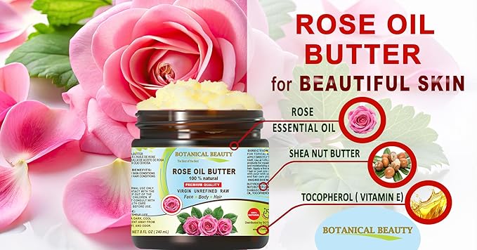 Botanical Beauty ROSE OIL BUTTER 100% Natural Rose Essential Oil in Shea Nut Butter for FACE SKIN BODY HAIR NAILS Beauty Skin Moisturizer Oil Butter Skin Nourishing (4 Fl Oz)