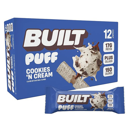 Built Bar, Puff Protein Bars, Cookies 'N Cream Puff, 17g Protein Snacks, On-The-Go Bars, Only 140 Calories, 7g Sugar, Collagen, Not Gluten Free, 12 Count