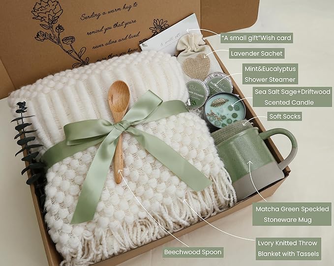 Thinking of You Gift Baskets for Women -Brithday/Thank You Gifts/Self Care Package,After Surgery, Sympathy Gifts, Get Well Soon Gift/Grief/Bereavement/Miscarriage Gifts(Matcha Green)