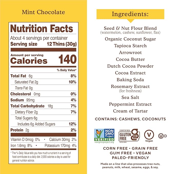 Simple Mills Sweet Thins Cookies, Seed and Nut Flour, Mint Chocolate - Gluten Free, Paleo Friendly, Healthy Snacks, 4.25 Ounce (Pack of 6)