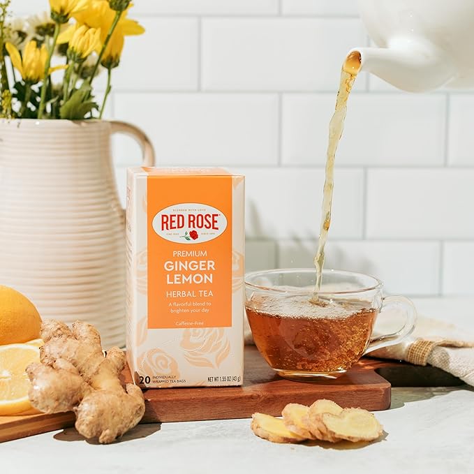 Red Rose Ginger Lemon Tea Caffeine Free Herbal Tea Naturally Flavored Tea with Mint, Lemon, Orange & Lemongrass Herbal Tea with 20 Individually Wrapped Tea Bags Per Box (Pack of 6)