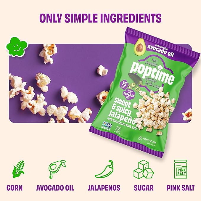 Poptime Popcorn Snack Bags – Sweet & Spicy Jalapeno & Himalayan Pink Salt Kettle Corn Popcorn Bags, Healthy Snack With Avocado Oil, Gluten Free, Vegan, Low Calorie, Non-GMO, Kosher - 7 oz - Pack 4