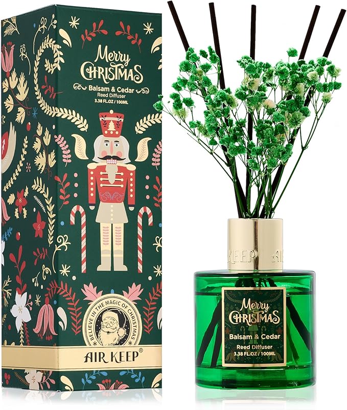 Airkeep Christmas Reed Diffuser Set,3.38 fl oz (100 ml) Reed Diffuser - Balsam&Cedar Oil Diffusers with 8 Reed Sticks, Home Fragrance Reed Diffuser for Bathroom Shelf Decor