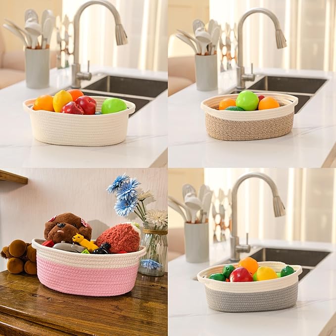 2 Pack Small Woven Storage Basket with Handles 12"x8"x5", Decorative Rope Bin for Home Organization, Shelf Storage,Cotton Rope Room Shelf Storage Basket with Handles