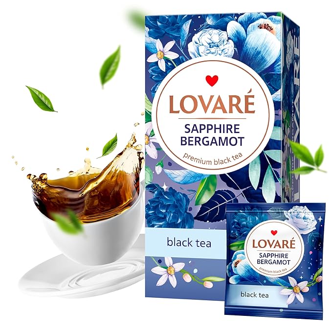 Individually Wrapped Tea Bags By Lovare Made in Ukraine - Assorted Bergamot Flavored Black Tea – 4 Elegant Varieties in One Box, Gift Box For Blooming Tea Lovers Men & Women - 48 g (24 tea bags x 2 g each) (Sapphire Bergamot)
