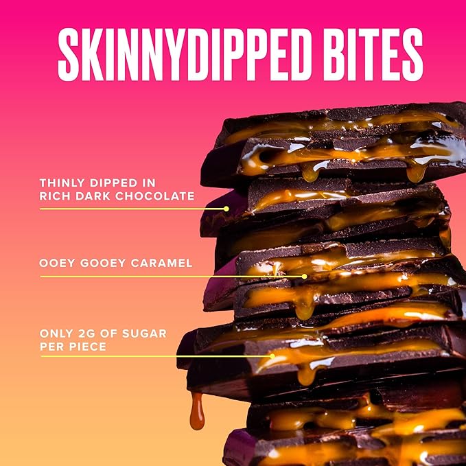 SkinnyDipped Dark Chocolate Salted Caramel Bites, 2g Sugar per Piece, Keto Friendly, Low Calorie Gluten Free, 4 Pack
