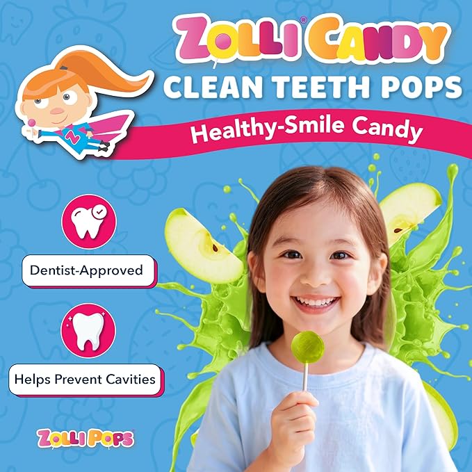 Zollipops Clean Teeth Pops Sugar Free Candy with Xylitol, Dye-Free Lollipops - Keto & Diabetic-Friendly, Dentist-Approved Treats for Kids (Green Apple, 3.1 oz, Pack of 2)