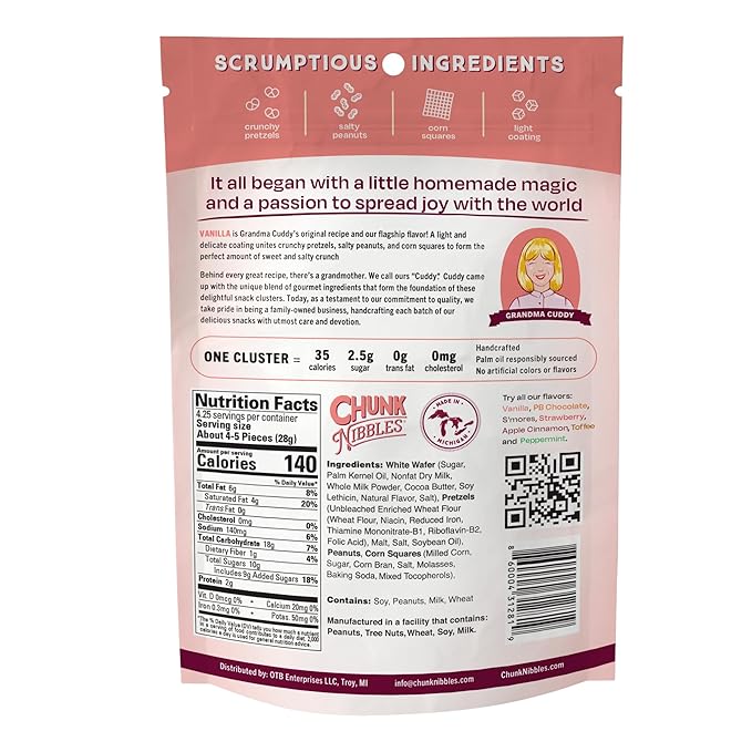 Chunk Nibbles Original Vanilla Snack Clusters - Grandma Cuddy’s Recipe with Pretzels, Corn Squares & Peanuts - Sweet & Salty Classic, Handcrafted, Small Batch - 4.25oz Resealable Pouch (3 Pack)