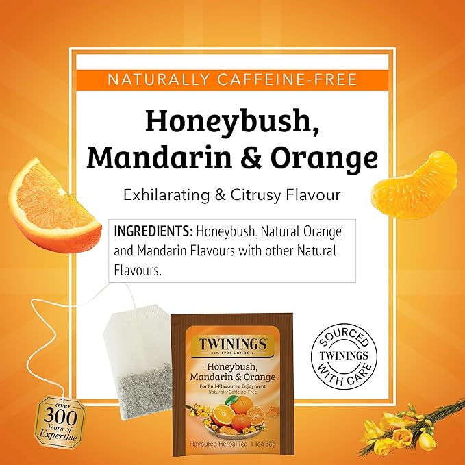 Twinings Honeybush, Mandarin, & Orange Herbal Tea Individually Wrapped Bags, 20 Count (Pack of 6), Naturally Caffeine-Free, Enjoy Hot or Iced, 120 Teabags