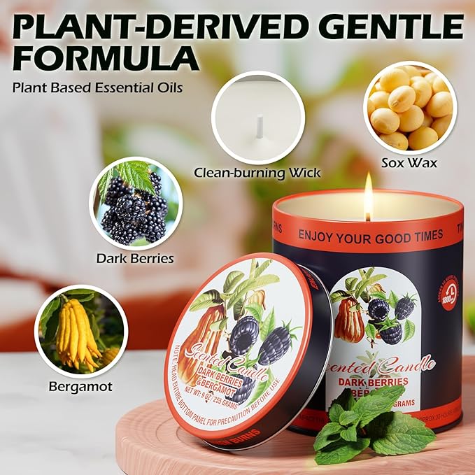 Premium Dark Berries & Bergamot Soy Wax Scented Candle Set - 9oz x 2 Pack, 80-Hour Burn Time, 8% Essential Oils for Aromatherapy Tin Jar Candle, Smoke-Free Relaxation,Yoga & Spa Gifts for Women/Men