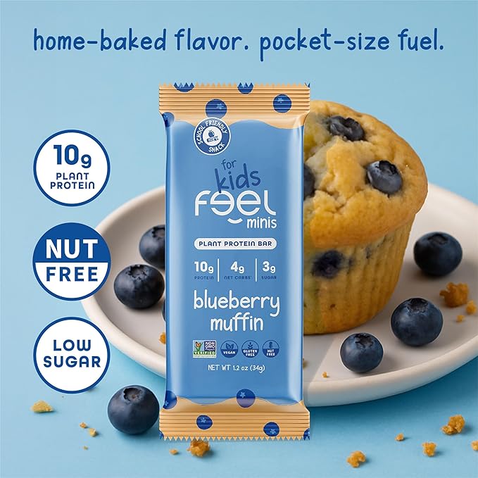 Feel Bar Minis – Kids Protein Bars | Blueberry Muffin | 10g Plant Protein | 100 Calories | No Added Sugar | + Daily Veggies | Gluten Free, No Nuts, No Soy, No Dairy, No Grains (12 Pack)