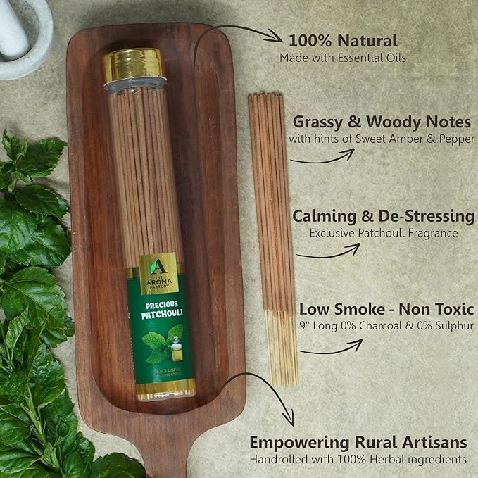 The Aroma Factory Agarbatti, Luxury Precious Patchouli Incense Sticks, Low Smoke & Zero Charcoal, Premium, Fresh, & Fruity Fragrance for Home, Meditation, 100g X 1Bottle Pack