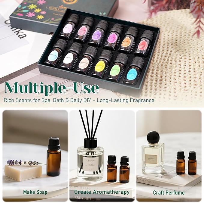 100% Natural Pure Essential Oils Set - Top 12 Organic Undiluted Oils for Aromatherapy Diffuser Plant Therapy,Candle Making,Laundry Fragrance,Humidifiers,Skin Care (0.33 Fl Oz 12 Pack)