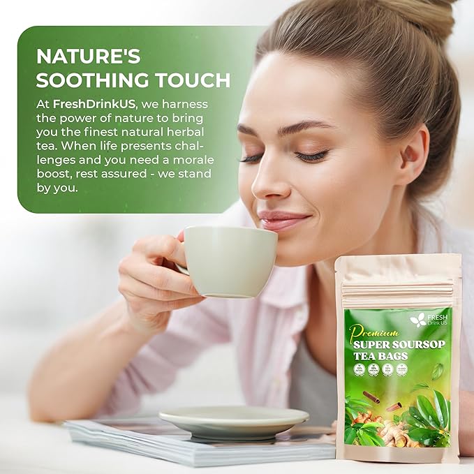 FreshDrinkUS, Super Soursop Herbal Tea ā 40 Tea Bags | Soursop, Ginger, Turmeric, Lemongrass, Cinnamon, Black Pepper & Peppermint | Caffeine-Free, Natural Flavor, Plant-Based Blend | Sugar-Free