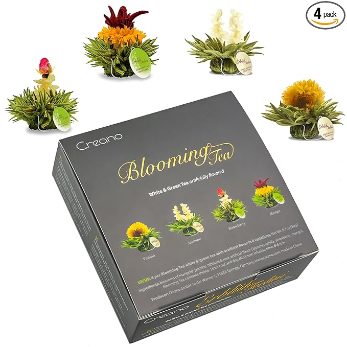 Creano 4 tea Flowers in elegant Gift Box - Blooming Tea White & Green Tea in Cup Size