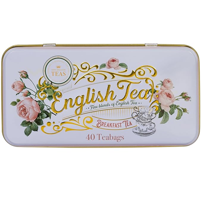 New English Teas English Rose Tea Tin with 40 English Breakfast Teabags