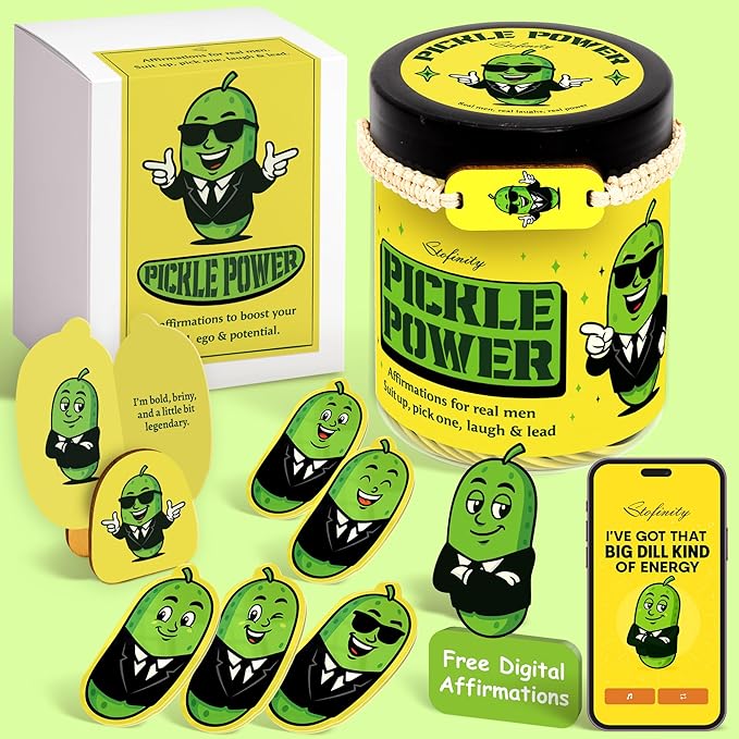 Funny Affirmation Cards For Men - Positive Pickle Gifts Ideas, Motivational Gifts For Men Husband Coworkers, Inspirational Cards With Quotes, Jar Of Encouragement Card For Office Desk Decor