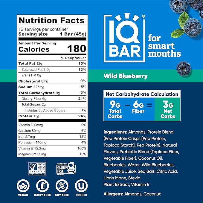 IQBAR Brain and Body Plant Protein Bars - Wild Blueberry - 36-Count - Keto, Vegan, Low Carb, High Fiber, Gluten Free, Dairy Free, Low Sugar Snack with Nutrients for Focus, Energy, Meal Replacement