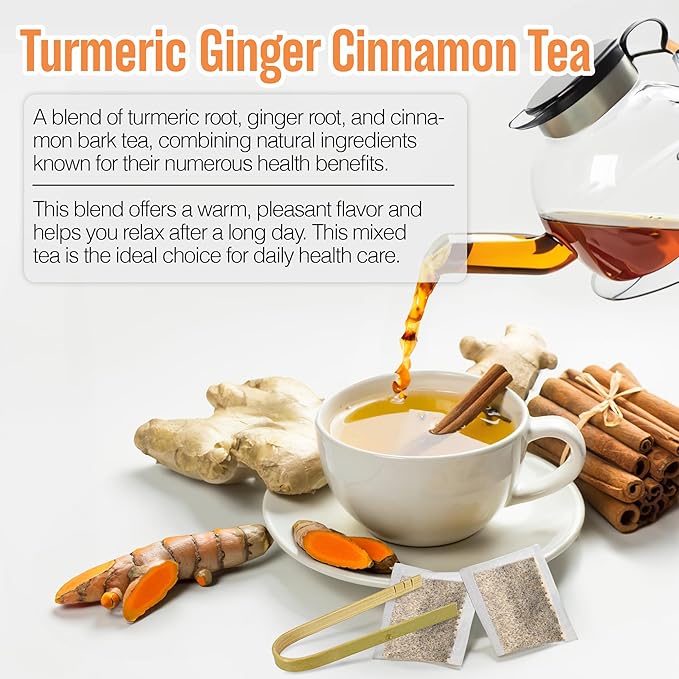 VINAREEN 50 Premium Tea Bags, Special Blend of Turmeric Ginger Cinnamon Tea,100% Natural Turmeric Ginger Herbal Tea, Te De Jengibre Y Curcuma Canela, Caffeine Free, Gluten Free, Sugar Free, Vegan.