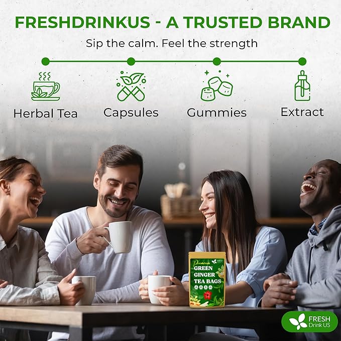FreshDrinkUS, Premium Green Ginger Tea | 75 Tea Bags | Sencha Green Tea with Ginger, Lemongrass, Turmeric, Hibiscus & Peppermint | Natural Herbal Blend | Comfort & Refreshing, Vegan