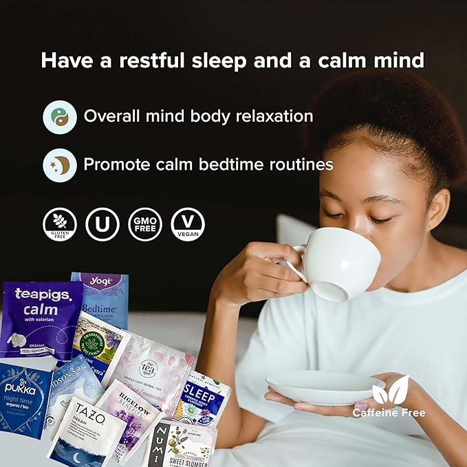 Sippingly Sleep Tea Sampler – 40 Herbal Tea Bags, 10 Calming Flavors with Valerian Root, Passionflower, and Lavender – Bedtime, Nighttime Tea for Sleep and Relaxation