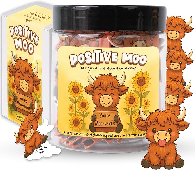 Positive Highland Cow Jar – 60 Affirmation Cards For Women, Girls - Mental Health & Stress Relief Support Gift, Highland Cow Gifts For Women, Coworker, Teen Girl Gift Trendy Stuff, White Elephant Gifts