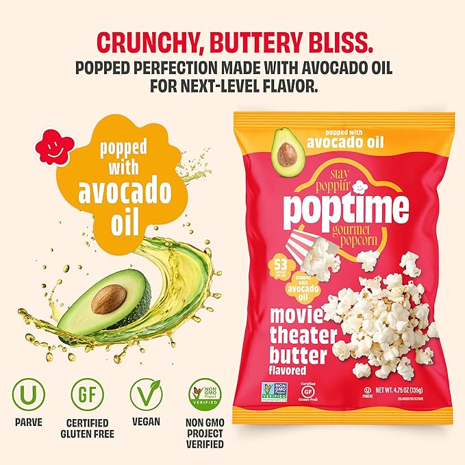 Poptime Movie Theater Butter Popcorn Snack Bags – Gourmet Flavored Popcorn Bags, Healthy Snack With Heart-Healthy Avocado Oil, Gluten Free, Vegan, Low Calorie, Non-GMO, Kosher - 4.75 oz - Pack 12