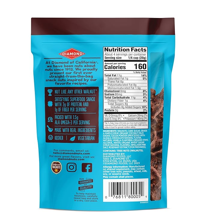 Diamond of California Salted Dark Chocolate Walnut Snack Nuts, 4 oz. (4 Pack)